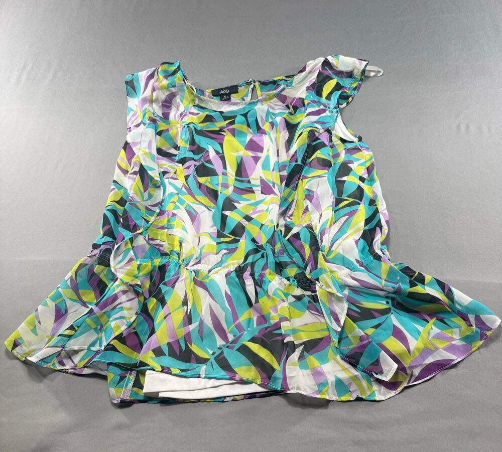 AGB Women’s Sleeveless Ruffle Front Blouse Abstract Tropical Leaf Print size M